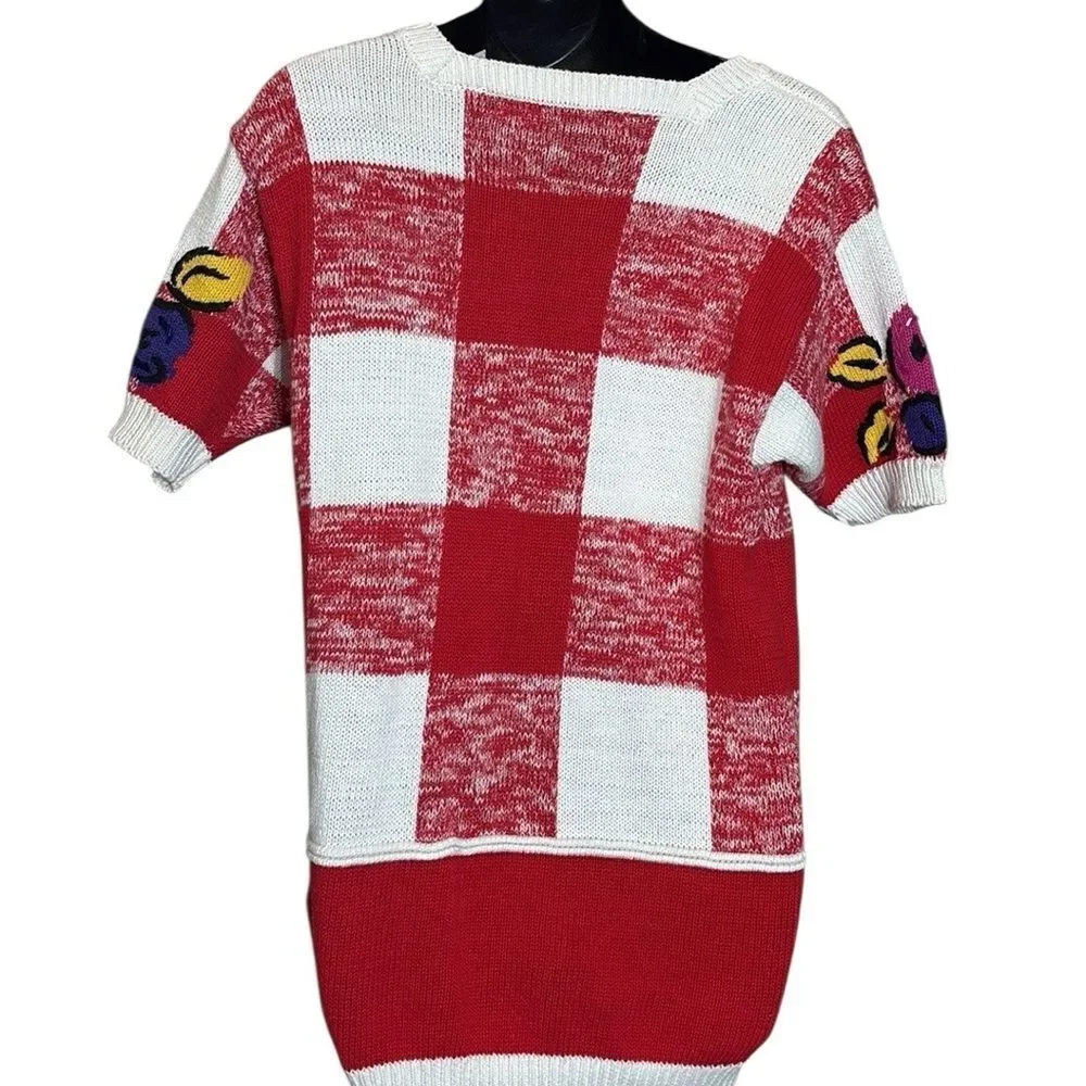 Chaus women’s small vintage 90s tunic sweater heavy plaid floral‎ beaded
